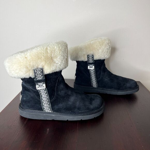 UGG Metro Tas Suede Ankle Boot Sz 8 Black Boho Sheepskin Sherpa Lined Winter - Picture 3 of 9